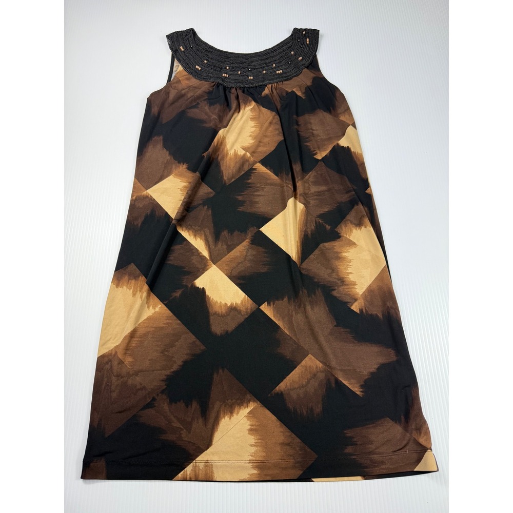 Dana Buchman Dress Brown Black Geometric Beaded Neck Sleeveless S
